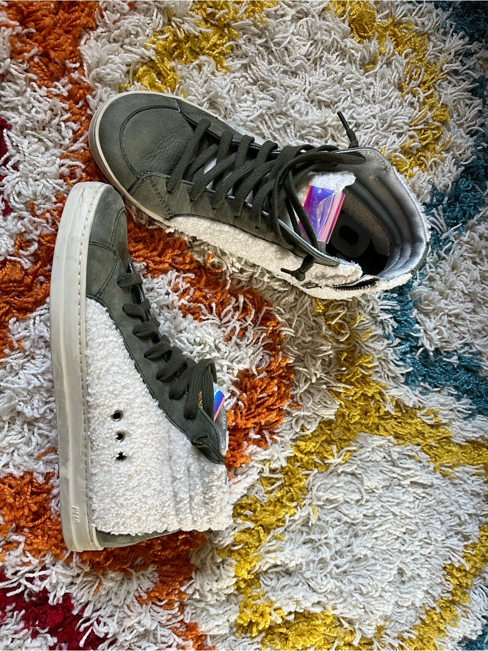Excellent P448 Women's High-Top Sneakers Olive Green White Sherpa 37 6.5-7